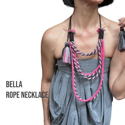 Bella - Pink and Grey Braided Three-Tier Rope Necklace