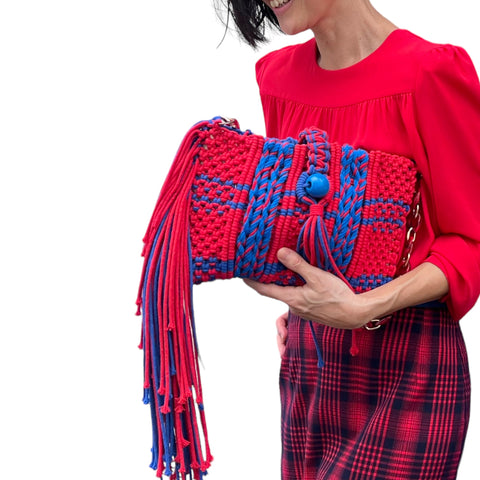 Hailey Red & Blue Macrame Clutch & Shoulder Bag