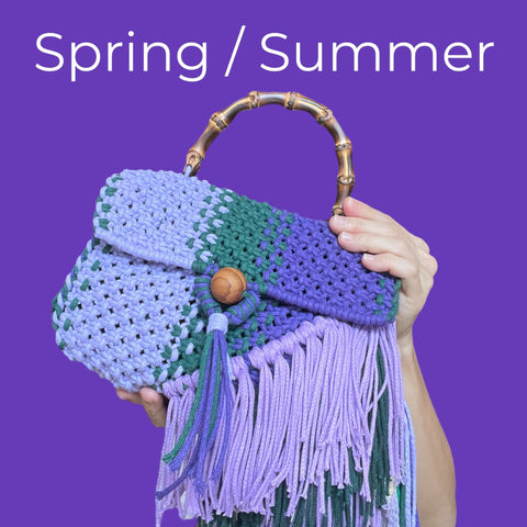 Maxine Purple, Pine Green & Lilac Bamboo Top Handle Macrame Handcarry & Crossbody Bag