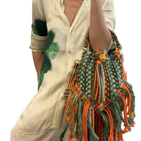 Ann - Green & Orange Camo Macrame Bucket Bag