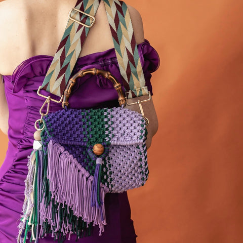 Maxine Purple, Pine Green & Lilac Bamboo Top Handle Macrame Handcarry & Crossbody Bag