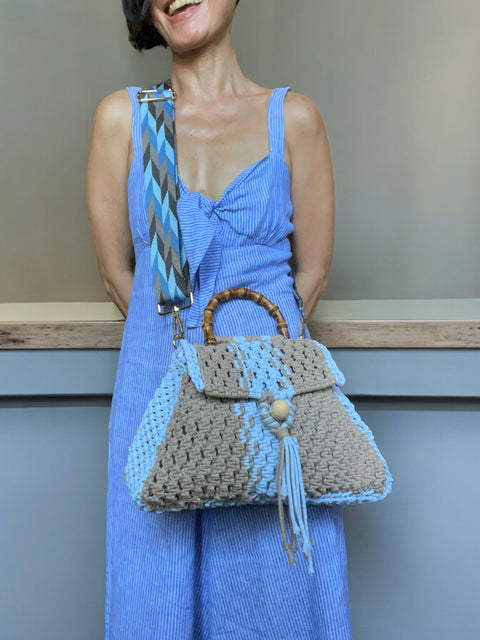 Kendra Taupe & Baby Blue Macrame Handccary Shoulder & Crossbody Trapezium Bag