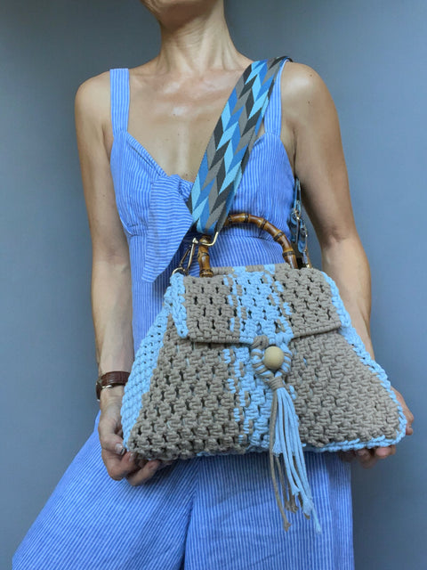 Kendra Taupe & Baby Blue Macrame Handccary Shoulder & Crossbody Trapezium Bag