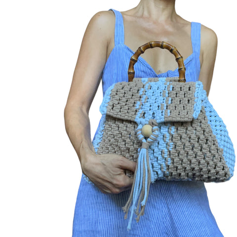 Kendra Taupe & Baby Blue Macrame Handccary Shoulder & Crossbody Trapezium Bag