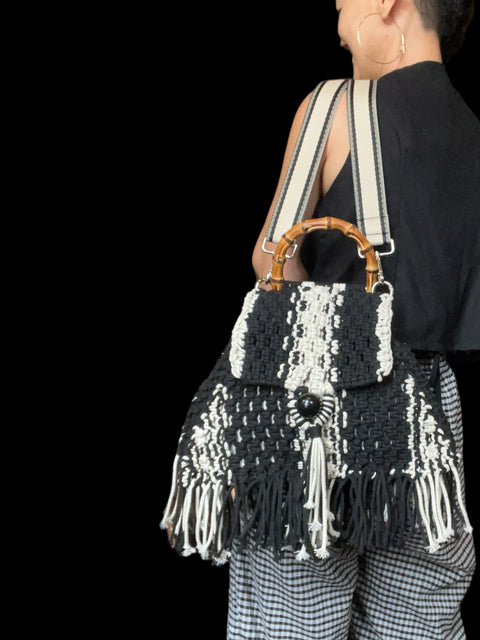 Twyla Black and White Macrame Handccary Shoulder & Crossbody Trapezium Bag