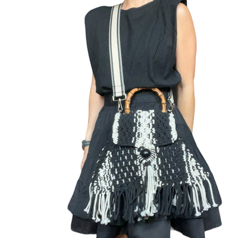 Twyla Black and White Macrame Handccary Shoulder & Crossbody Trapezium Bag