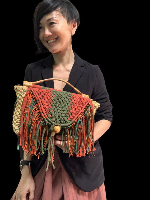 Hannah Handcarry Macrame Doctor Bag with Rattan Handle