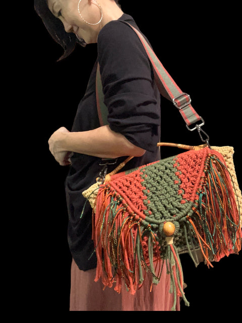 Hannah Handcarry Macrame Doctor Bag with Rattan Handle