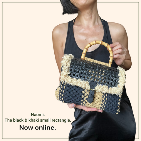 Naomi Black & Khaki Rattan Bamboo Top Handle Macrame Small Rectangle Bag