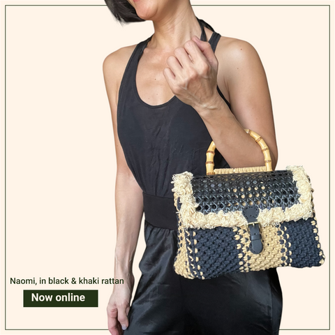 Naomi Black & Khaki Rattan Bamboo Top Handle Macrame Small Rectangle Bag