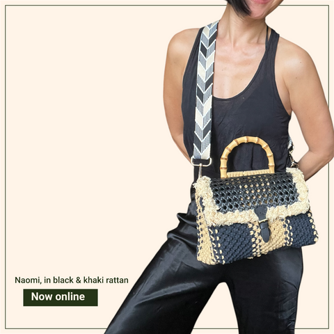 Naomi Black & Khaki Rattan Bamboo Top Handle Macrame Small Rectangle Bag