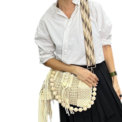 Nola- Handwoven macrame clutch & shoulder bag in cream, vanilla and gold