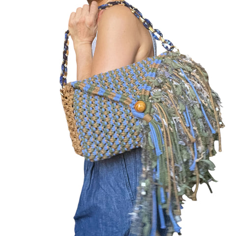 Faith Forest Green & Sky Blue Macrame Clutch & Shoulder Bag