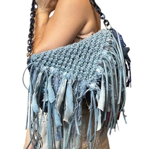 Mylene Navy Blue Denim Macrame Clutch & Shoulder Bag