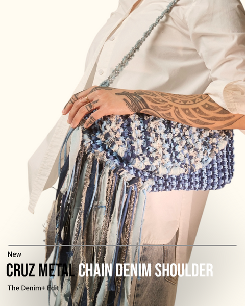 Cruz Mixed Denim Macrame Clutch & Shoulder Bag with Metal Chains