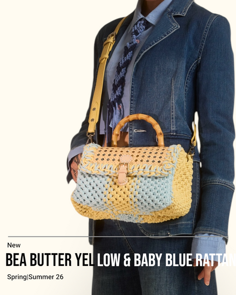 Bea Baby Blue & Butter Yellow Rattan Bamboo Top Handle Macrame Small Rectangle Bag