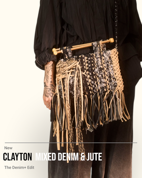 Clayton Black & Khaki Denim Macrame Satchel