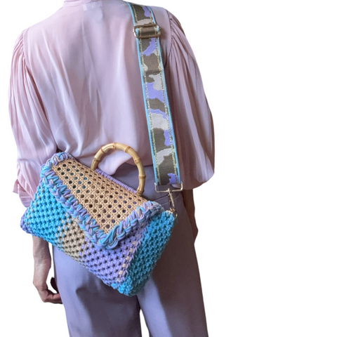 Kia Lilac, Blue & Taupe Rattan Bamboo Top Handle Macrame Small Rectangle Bag