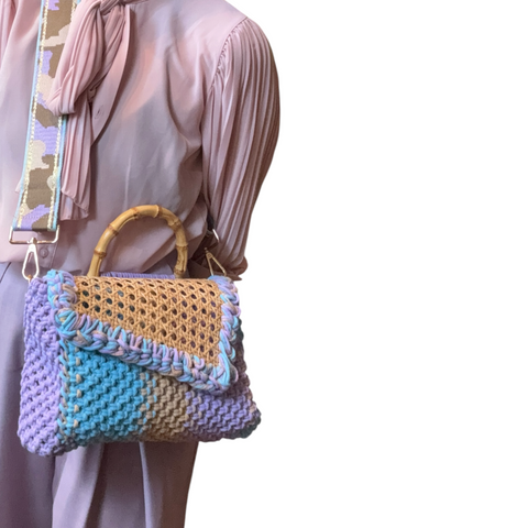 Kia Lilac, Blue & Taupe Rattan Bamboo Top Handle Macrame Small Rectangle Bag