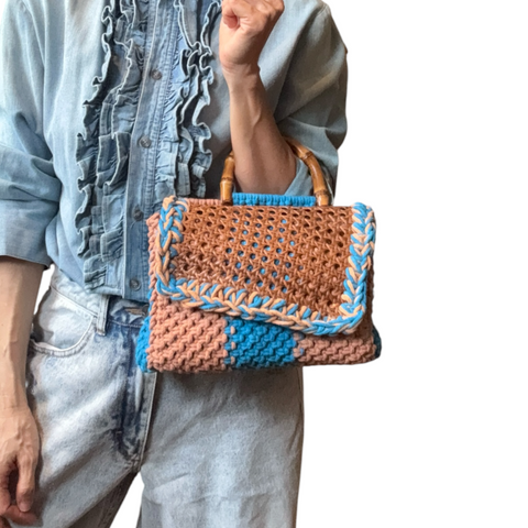Rayne Blue & Peach Rattan Bamboo Top Handle Macrame Small Rectangle Bag