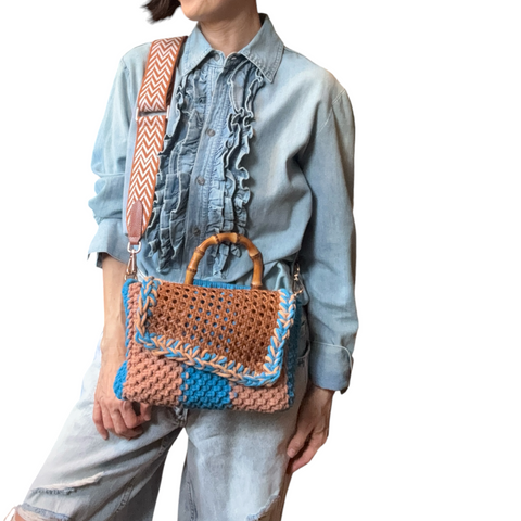 Rayne Blue & Peach Rattan Bamboo Top Handle Macrame Small Rectangle Bag