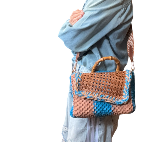 Rayne Blue & Peach Rattan Bamboo Top Handle Macrame Small Rectangle Bag