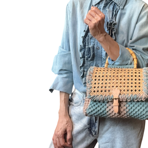 Olivia Seagrass Blue & Taupe Rattan Bamboo Top Handle Macrame Small Rectangle Bag