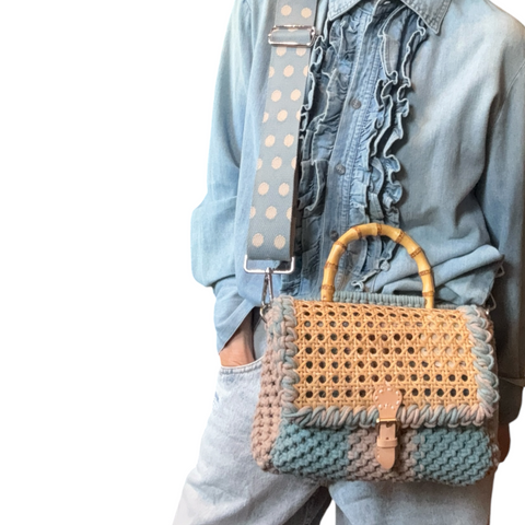 Olivia Seagrass Blue & Taupe Rattan Bamboo Top Handle Macrame Small Rectangle Bag