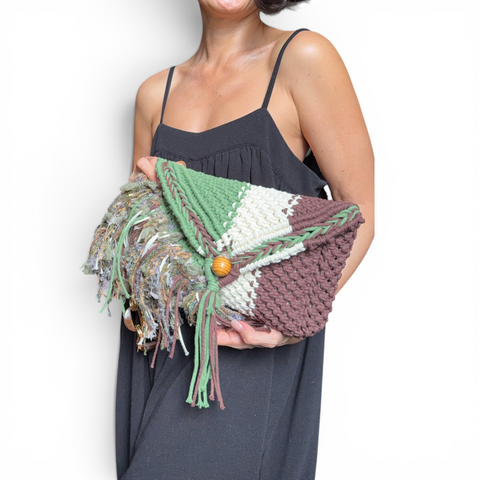 Magda Forest Green, Vanilla & Chocolate Macrame Clutch & Shoulder Bag