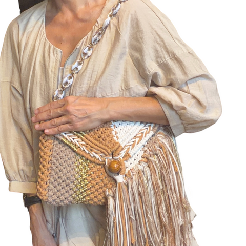 Marcel Copper, Vanilla & Gold Macrame Clutch & Shoulder Bag