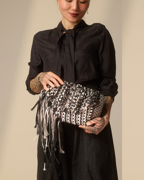 Teluna Black, Grey & White Denim Handwoven Clutch, Shoulder & Crossbody Bag