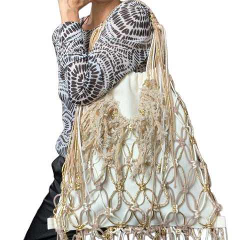 Saxon Gold & Vanilla Macrame Shopper Tote Bag