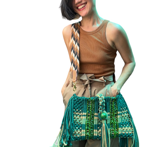 Arya Moss Green Cotton & Leather Macrame Clutch & Shoulder Bag