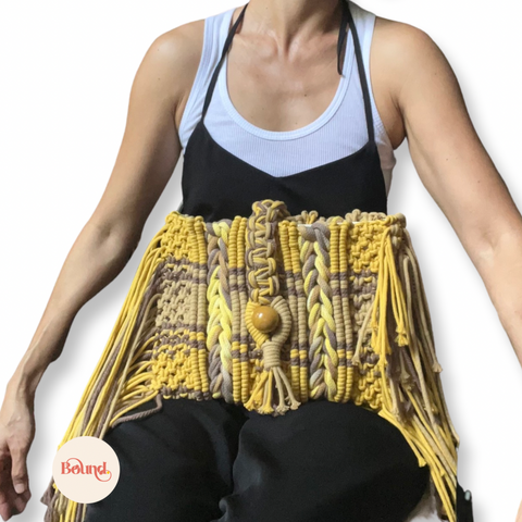 Sunny Bound Sunny Macrame Clutch and Shoulder Bag in Turmeric and Khaki