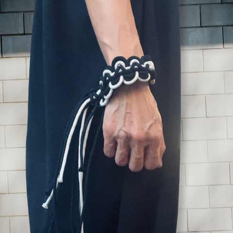 Bound handwoven cotton statement cuff bracelet in white and black