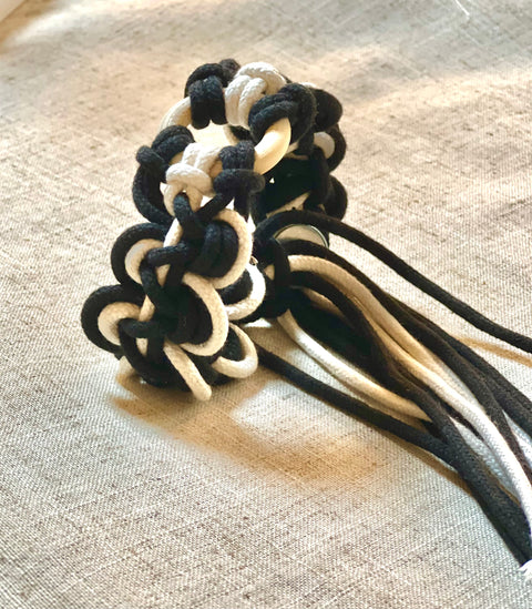 Bound handwoven cotton statement cuff bracelet in white and black
